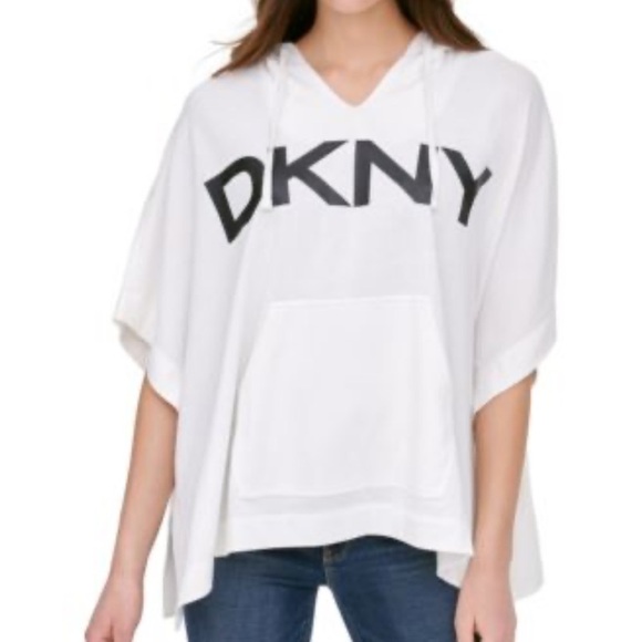 Dkny Tops - DKNY White Poncho Hooded Sweatshirt with Black Sequins Logo